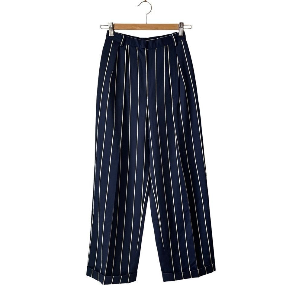 Vintage  navy blue  high waisted wool pinstripe tailored trousers XS‎